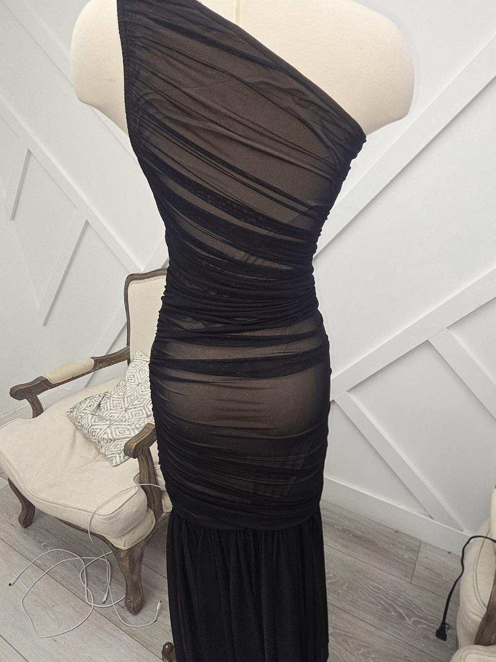 Vici Black One-Shoulder Ruched Mesh Gown